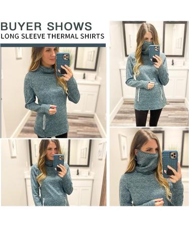 Soneven Women's Running Fleece Sweatshirt Cowl Neck Pullover with Thumb Holes and Neck Gaiter - Teal (Large) - Buy Online on GoSupps.com