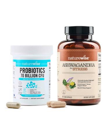 NatureWise 1 Probiotics 70 Billion CFU + Organic Prebiotics - 30 Capsules 1-Month Supply + 1 Ashwagandha for Stress + GABA & L-Theanine - 60 Capsules 30-Day Supply