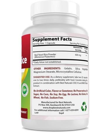 Best Naturals Red Yeast Rice 600mg Capsules - 120 Caps (2 capsules per serving) - Promotes Heart Health and Cholesterol Support - Buy Online on GoSupps.com