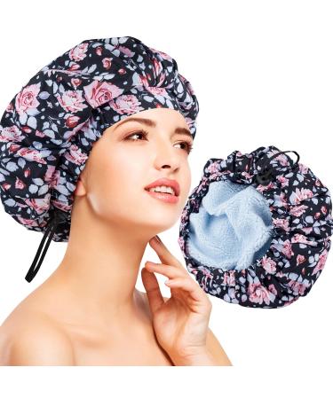 Luxury Shower Cap for Women, Waterproof Reusable Shower Caps Double Layers Microfiber Terry Lined with Dry Hair Function, Large for Long Hair, Adjustable Large (Pack of 1) 2