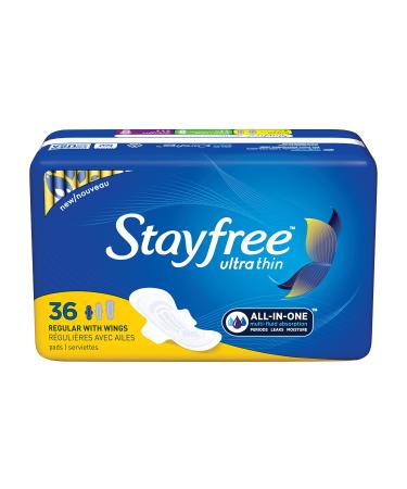 Stayfree Ultra Thin Regular Pads with Wings For Women Reliable Protection and Absorbency of Feminine Moisture Leaks and Periods 36 count 36 Count (Pack of 1)