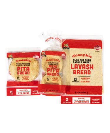 Joseph's Combo Value Pack, Flax, Oat Bran & Whole Wheat, Low Carb Pita Bread, Lavash Bread, and MINI Pita, Fresh Baked (1 Pack Each, 3 Packages Total) 3 Count (Pack of 1)