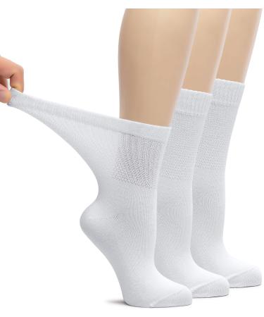 Hugh Ugoli Women's Bamboo Loose Fit Diabetic Crew Socks Soft Wide & Stretchy with Seamless Toe & Non-Binding Top 3 Pairs 10-12 08- White (3 Pairs)