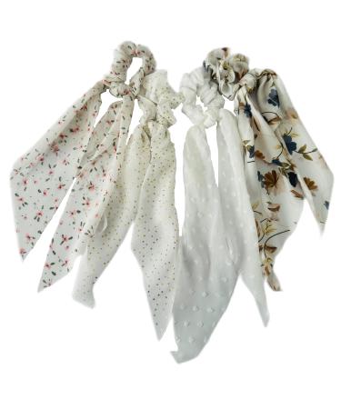 Generic 4 Scarf Hair Ties Floral and Plain Hair Bobbles with Bow Floral Hair Band Elastic Hair Bands Hair Ponytail Holder Hair Stylish Accessories for Women and Girls