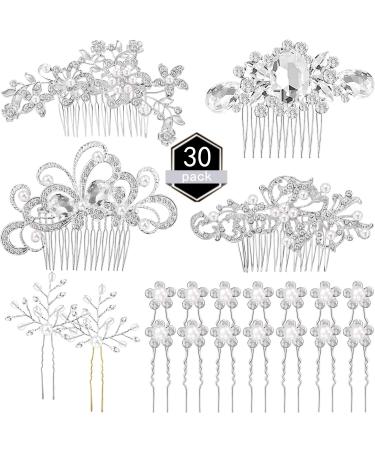 30 Pieces Wedding Bridal Hair Accessories Set 4 Pieces Rhinestone Wedding Hair Side Combs, 2 Pieces U-shaped Silvery Hair Clips, 24 Pieces Imitation Pearl Hairpins
