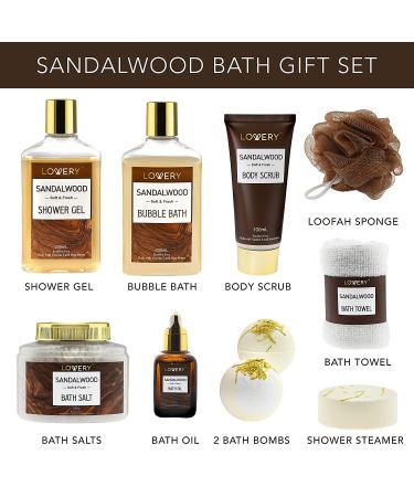 Sandalwood Bath Gift Set for Him - Personal Care Spa Kit in Leather Bag | Relaxing Man Gift Basket with Shower Gel, Bubble Bath, Body Oil, Bath Bomb & More - Buy Online on GoSupps.com