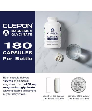 CLEPON Magnesium Glycinate (100mg Elemental per Capsule) - 180 Capsules - High Absorption Fully Chelated - Sleep Support Relaxation Muscle Cramps & Heart Health - 3rd Party Tested Non-GMO Vegan - Buy Online on GoSupps.com