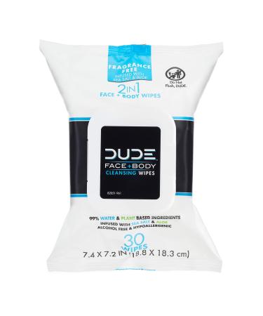 DUDE Wipes Face and Body Wipes - 1 Pack, 30 Wipes - Unscented Wipes with Sea Salt & Aloe - 2-in-1 Body & Face Wipes - Alcohol Free and Hypoallergenic Cleansing Wipes 30 Count (Pack of 1)