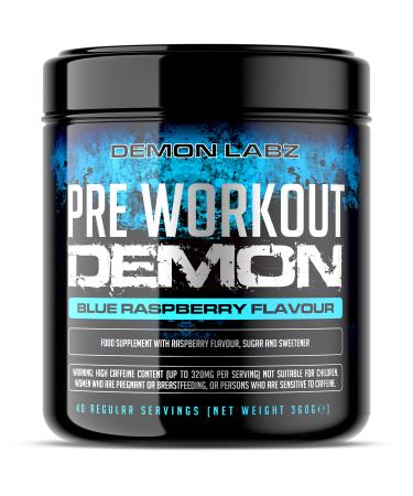 Pre Workout Demon - Hardcore Pre-Workout Powder Supplement with Creatine Caffeine Beta-Alanine and Glutamine (Blue Raspberry 360g) Blue Raspberry 40 Servings (Pack of 1)
