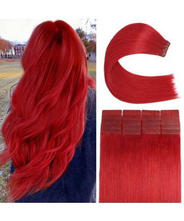 Aison Tape in Hair Extensions Human Hair Red Color, 18inch 20pcs 40g/pack 100% Remy Human Hair for Women, Straight and Thick from Top to End 18 Inch #Red