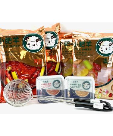 Little Sheep Hot Pot Soup Base With Dipping Sauce And 2 pcs Strianer ladleCombo Set (Clear Broth & Spicy Pack of 4)