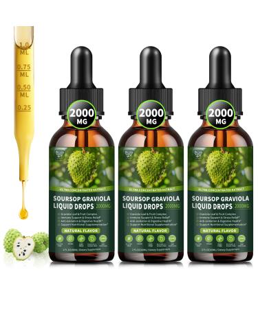 (3 Pack) Soursop Graviola Liquid Drops 2000mg 98% Absorption for Cell Support & Regeneration Immune Boost Liver Herbal Goodness Soursop Bitters Liquid-Sugar/Gluten Free Natural Flavor 6 Fl Oz 2 Fl Oz (Pack of 3)