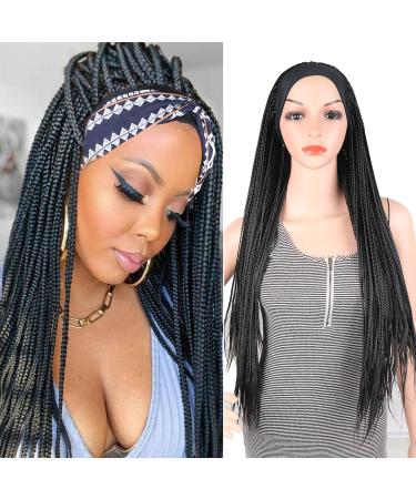 Braided Headband Wigs for Black Women Box Braided Wigs Twist Crochet Hair Wrap Wig with Headband Attached Jumbo Braid Cornrow Wig Black Box Braid Wig Synthetic Headband Wig Long CrochetTwistWig 30Inch 1B