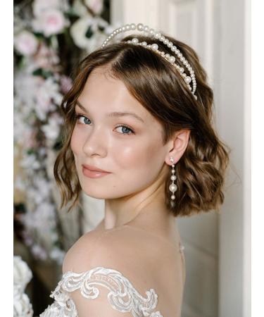 AW BRIDAL Pearl Bridal Headband and Earrings Set Double Row Pearl Headband Tiara Crown for Girls Bridal Earrings for Women Wedding Hair Accessories for Brides (Gold)
