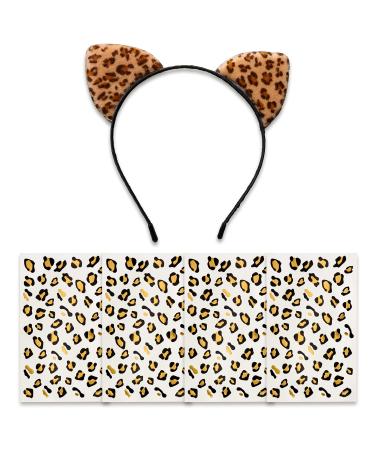 Pandecor Cheetah Ears Headband and 4 Pieces Black and Gold Cheetah Print Temporary Tattoos Temporary Tattoos and Headband Set for Halloween Leopard Costumes