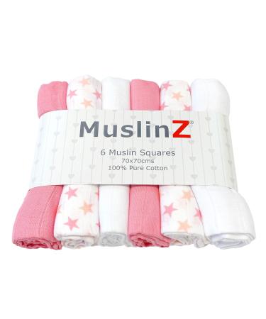 MuslinZ 6pk Baby Muslin Squares - Baby Burp Cloth - Newborn Essential mulit-use - Soft and Absorbent 100% Cotton 70x70cm (Pink)