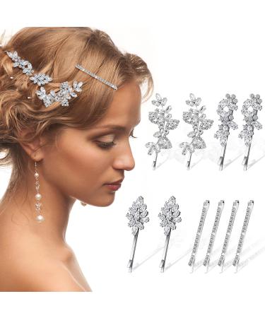 Taolema 10 Pieces Rhinestone Bridal Hair Clip  Crystal Bobby Pin Hair Pins Silver Flower Leaf Feather Wedding Hairpin Barrette  Elegant Metal Bling Diamond Hair Accessories for Women Ladies Girls