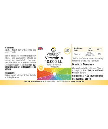 Vegan Vitamin A 10000 I.U. Supplement - 100 Tablets by Warnke Vitalstoffe - Buy Online on GoSupps.com