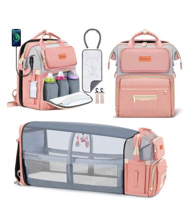 Gimars Baby Bag with Changing Station, 18 Pockets Upgraded 900D Tear Resistant Waterproof Material Larger Diaper Bag Backpack Lightweight Easy Foldable Bassinet with Toy Hanging Rod & USB Port Pink-03