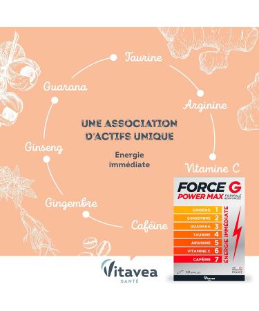 Vitavea - Force G Power Max Strengthened Formula - Immediate Energy Booster 7 active ingredients - Ginseng Ginger Guarana Taurine Arginine Vitamin C Caffeine - 10 ampoules - 10 days - Made in - Buy Online on GoSupps.com