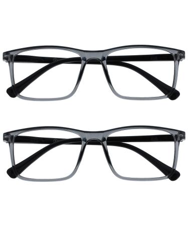 OPULIZE Ink Reading Glasses 2 Pack Large Rectangular Frame Transparent Grey Black Arm Spring Hinges Scratch Resistant Mens Womens RR4-7 +2.50