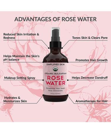Organic Rose Water Spray for Face & Hair - 4 oz Alcohol-Free Toner & Makeup Remover - Anti-Aging Beauty Mist - Hydrating Facial Care by Simplified Skin - Buy Online on GoSupps.com