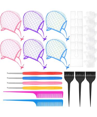 6 Pieces Highlight Hair Cap for Hair Coloring Highlighting Dye with 4 Hair Highlight Needles, 6 Disposable Hair Dye Shawls, 6 Pairs Gloves, 3 Dye Brushes, 2 Rat Tail Combs, Highlight Caps Tool Set Kit