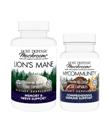 Host Defense Bundle with Lion's Mane Capsules 120 Count & MyCommunity Capsules 30 Count - Support Brain Health Memory & Focus - Support Immune Health with 17 Species Mushroom Blend*
