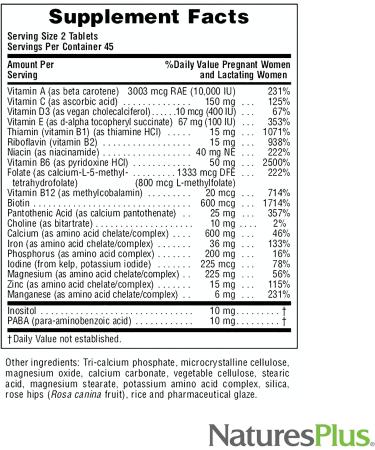NaturesPlus Ultra Prenatal Multivitamin - 800mcg Folate - 90 Vegetarian Tablets - Prenatal Supplement with Iron, Iodine, Calcium & B-Complex Vitamins - Gluten-Free | 45 Servings - Buy Online on GoSupps.com