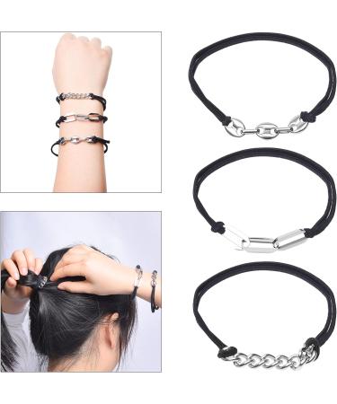 Eco-Fused 3x Bracelet Hair Ties - Elastic Decorative Jewelry Ponytails - Fashionable Wear on Wrist Ties - For Men Women Girls Teens (Black with Silver Metal Chain) - Buy Online on GoSupps.com