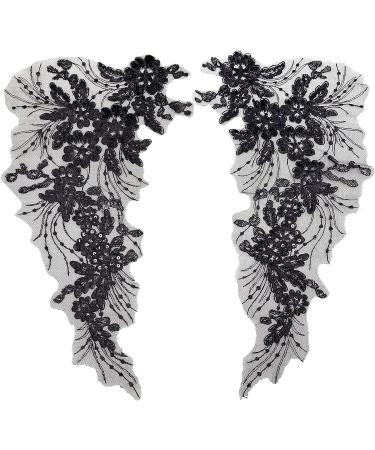 Floral Embroidery Sequin Lace Appliques Trim - 1 Pair (Black) for Wedding Bridal Dress DIY - Buy Online on GoSupps.com