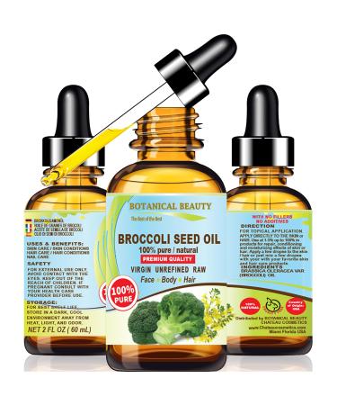 Botanical Beauty BROCCOLI OIL 100% Pure Natural VIRGIN UNREFINED Cold-Pressed Carrier Oil 2 Fl oz 60 ml for Face Skin Body Hair Lip Nails. Rich in Vitamin C Vitamin E Omega 9