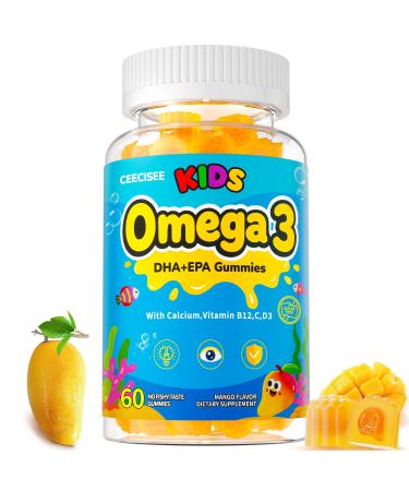 Organic Kid s Omega-3 Gummies: Chewable Fish Oil Alternative Vegan Omega 3 Fatty Acid Supplement with DHA EPA Vitamin D3 B12 Calcium Magnesium - Focus Immune Health Support for Kids(60count) Mango 60 Count (Pack of 1)