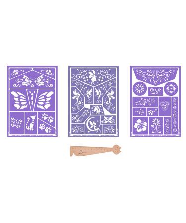 Set of three makeup stencils flowers + cats and butterflies + fairies + 1 ruler wooden bookmark Blumie
