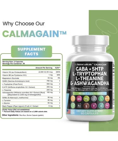 Clean Nutraceuticals GABA 750mg 5 HTP 200mg L Tryptophan 500mg L Theanine 200mg Ashwagandha 3000mg SAM-e L-Glycine - Mood Support Vitamins for Women and Men with L-Tyrosine - Made in USA 60 Caps - Buy Online on GoSupps.com