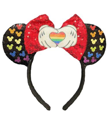 Minnie Mouse Ears Pride Rainbow Heart Hands Black Sequin Alice Headband With Big Red 5" Sequin Bow Fancy Dress Cosplay