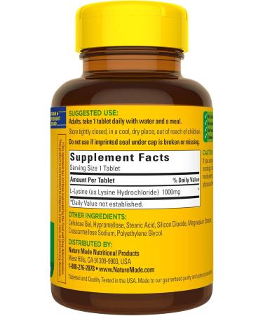 Nature Made Extra Strength L-Lysine 1000 mg Tablets - 60 Count (Pack of 3) | Essential for Protein Synthesis | International Shipping Available - Buy Online on GoSupps.com