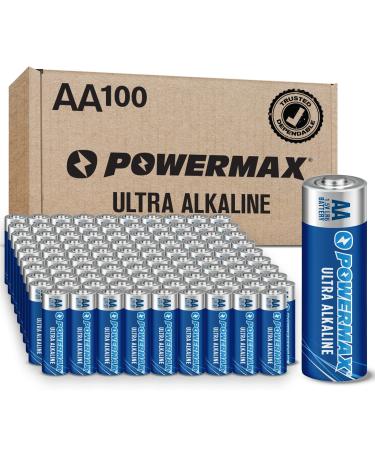 Powermax 100-Count AA Batteries, Ultra Long Lasting Alkaline Battery, 10-Year Shelf Life, Recloseable Packaging 100 Count (Pack of 1) AA 100 Count (Pack of 1)