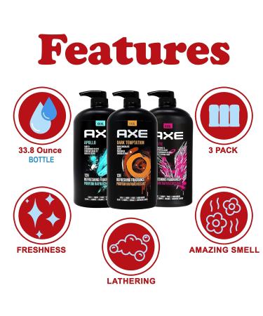 Shop Axe Men's Body Wash Variety Set - 3 Scents (Dark Temptation Apollo Excite) | 3-in-1 Body & Face Wash | 33.8 oz Pump Bottle - International Shipping Available - Buy Online on GoSupps.com
