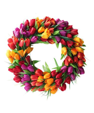 Ewer 20 Inches Tulip Wreath Artificial Flower Handmade Floral Wreath for 2021 New Spring Simulation Round Spring Garland Wreath for Front Door Wedding Wall Home Decor Assorted ZY934541P16F8