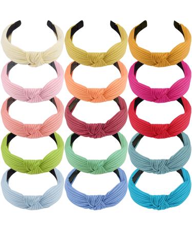 SIQUK 15 Pieces Top Knot Headband Cross Knot Headbands Wide Cloth Headband Top Knotted Headbands for Women Candy color