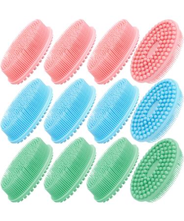 12 Pcs Silicone Body Scrubber Silicone Loofah Exfoliating Body Brush Bath Shower Scrubber Loofah Brush for Sensitive Skin Kids Women Men  Green  Blue and Pink