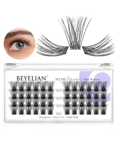 Beyelian single eyelashes C curl cluster eyelashes cluster lashes 48 PCs 0.07mm 16mm diy eyelash extensions individual lashes at home super thin black band (twin flowers) 48 pieces (1 Pack) C-black-16mm twin flowers