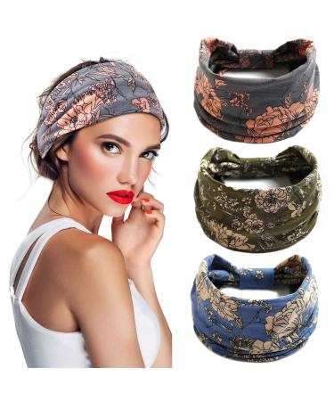 S&N Remille Wide Boho Headbands for Women and Girls Elastic Turban Head wrap Non-Slip Hair Bands for Sport Yoga and Running Headband 3 Pack Set-4