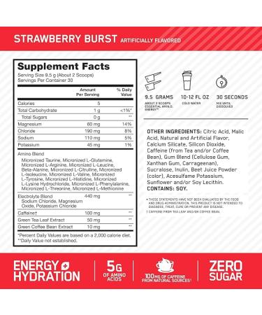 Optimum Nutrition Amino Energy Powder Plus Hydration, with BCAA, Electrolytes, and Caffeine, Strawberry Burst, 30 Servings - Buy Online on GoSupps.com