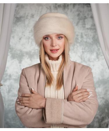 Futrzane Women's Faux Fur Trimmed Russian Winter Hat - Classy Ecru Rabbit Fleece Design - Buy Online on GoSupps.com