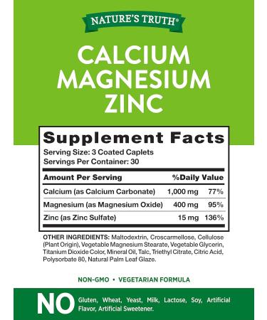 Nature's Truth Calcium Magnesium Zinc Supplement - 90 Caplets | Non-GMO & Gluten-Free - Buy Online on GoSupps.com