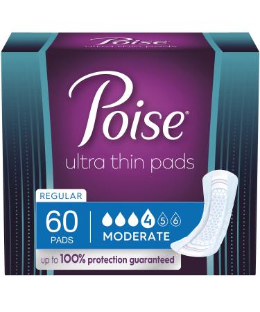 Poise Ultra Thin Incontinence Pads for Women, Bladder Leakage & Postpartum Pads, Moderate Absorbency, Regular Length, 60ct