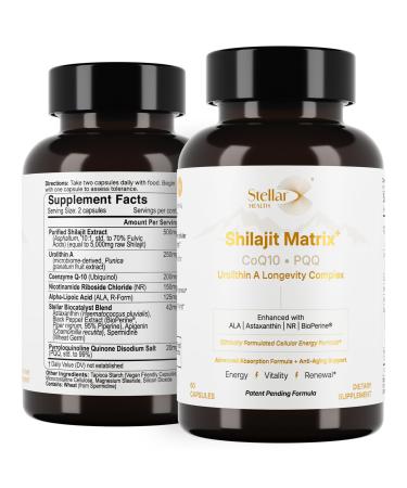 Stellar Health Clinical Mitochondrial Complex - Shilajit 5787mg Extract Equivalent NAD+ Booster - Ubiquinol CoQ10 Urolithin A NR PQQ ALA Astaxanthin - Energy Focus Strength - 60 Vegan Capsules