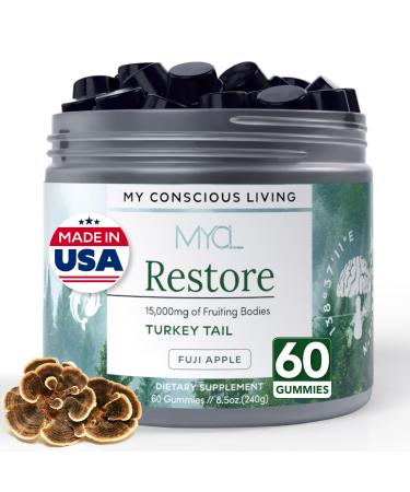 MYCL Restore Turkey Tail Mushroom Gummies for Adults and Kids 500mg Whole Fruiting Bodies - TurkeyTail Mushroom Supplement - Vegan Gluten Free - Fuji Apple 60 Count